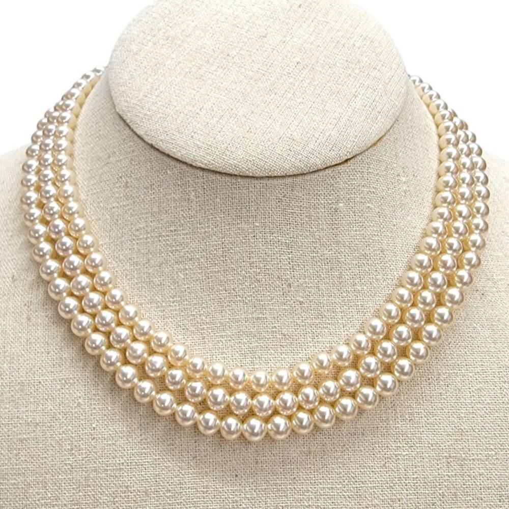 Vintage Sarah Coventry 3 Strand Faux Pearl Choker Necklace Rhinestone Clasp